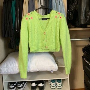 Cider Green Flower Print Knit Cardigan